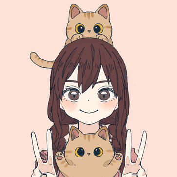 Miya’s avatar, which is a girl with long brown hair tied into two braids. She’s wearing a pink off-shoulder blouse and is raising both her hands in peace signs. There’s an orange tabby cat on her head and another in front of her with its two paws raised. T